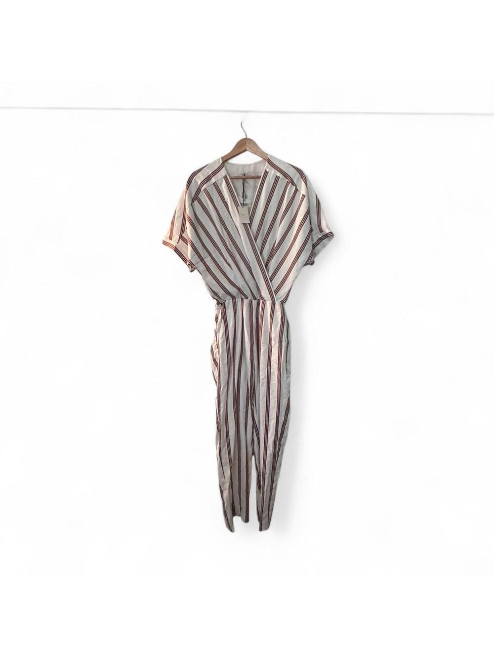 Maje Striped Wrap-Effect Jumpsuit Ivory Rust Navy FR40 US8 NWT
